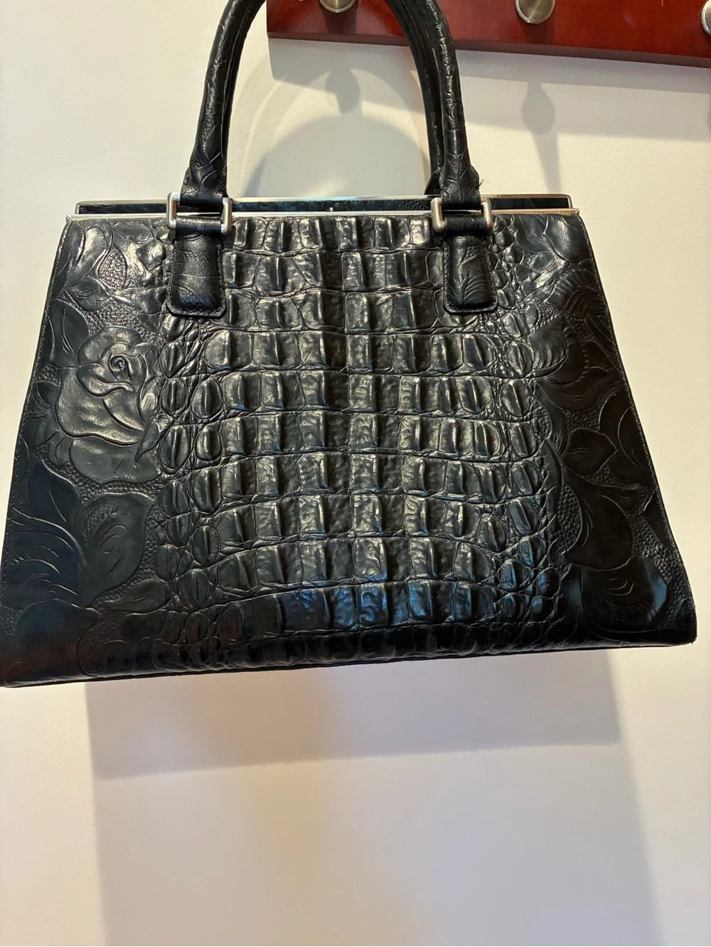 Ann Taylor Black Embossed leather Croc-Pattern Satchel